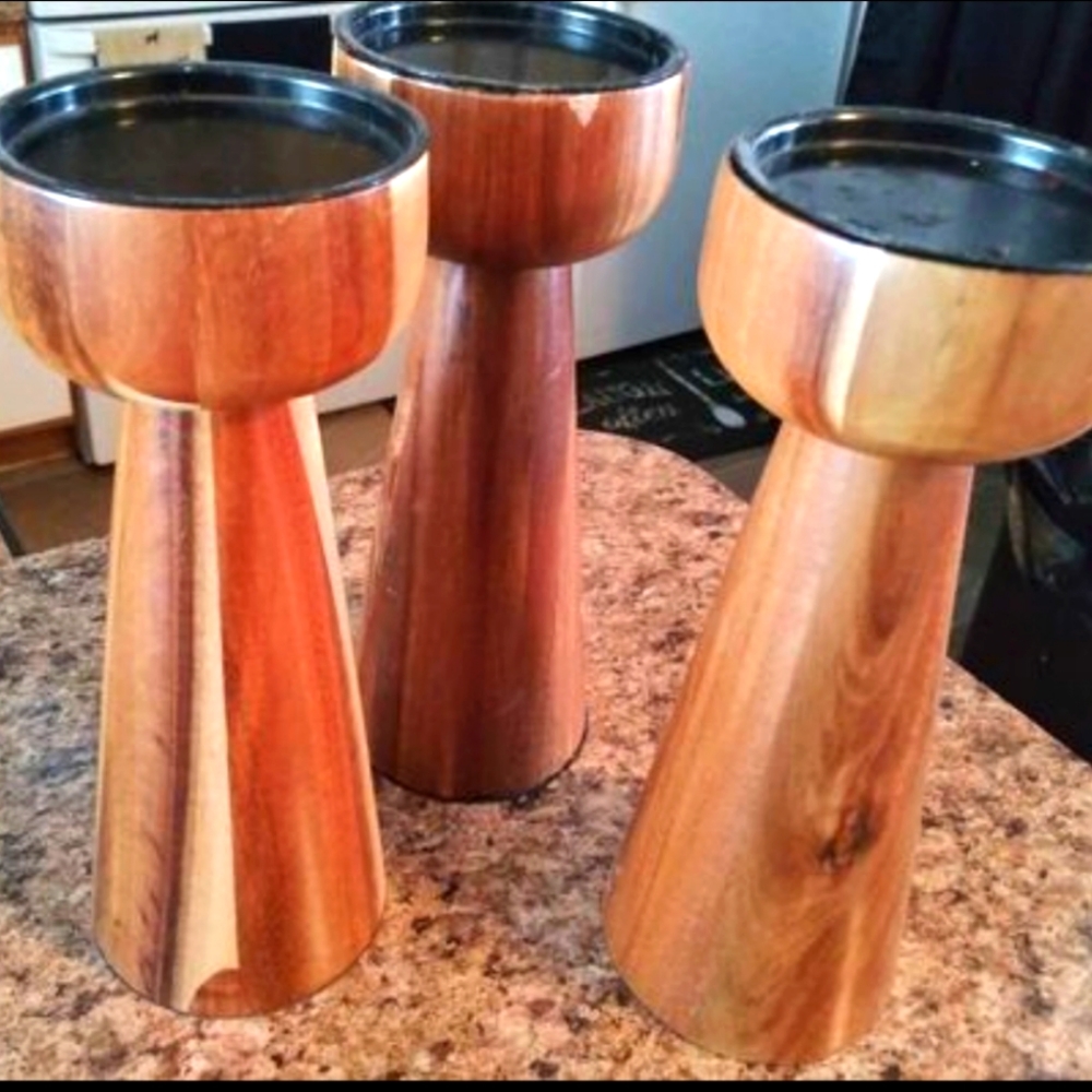 TALL  WOODGRAIN  CANDLE HOLDERS.